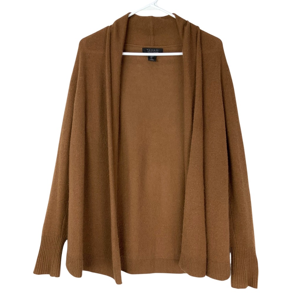 Tahari Brown 100% 2-Ply Cashmere Cardigan Sweater Large Open Front Shawl Collar